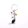 Black cat metal keychain with silver bell and I love cat engraved circular pendant - Black Calico Cat