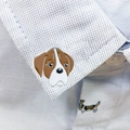 Exquisite brown and white zinc alloy Saint Bernard dog enamel pin on a blue shirt collar - Boxer