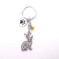 Metallic sphinx cat keychain with gray enamel pendant and small bell charms - Gray Sphinx Cat