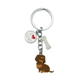 Silver metal dachshund dog keychain with white bone charm and I Heart Dogs round pendant - Dachshund/Bone/Heart (I Dogs) / Brown