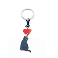 Grey cat metal keychain with red heart and letter I charm on silver split ring - Blue Heart Cat