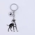 Greyhound dog metal keychain with black and white enamel finish and paw print charm - Long-Legged Great Dane