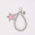 Silver beaded keychain with pink rhinestone star frame and engraved heart tag - Pentagram