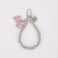 Pink bone-shaped photo frame with heart pendant on silver bead chain keychain - Bone