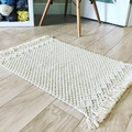 Handmade cream macramé table runner with geometric weaving and decorative long fringes - Long Sofa Mat / Beige
