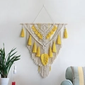 Handmade macrame wall hanging with bright yellow tassels and woven leaf detail - 70*90cm / Yellow