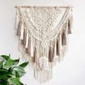 Handmade boho macrame wall hanging in beige and morandi purple with fringe and tassels - 70*90cm / Rose Pink