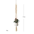 Detail of a 110cm handmade macrame plant hanger with cotton rope weaving and ring - Beige / Style A