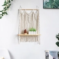 Handmade macrame wall hanging shelf with creamy white cotton rope and light wood tray - z355 (45x80cm) / Beige