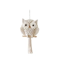 Handmade owl macrame wall hanging in cream cotton rope with wooden rod and fringe - Beige / Small