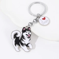 Cartoon Husky enamel keychain in black and white with a small I Love Dogs heart tag - Running Alaskan Malamute with Heart