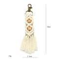 Macro shot showing 18cm bohemian macrame keychain with beige cotton rope and wooden beads - Beige