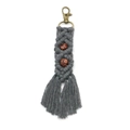 Handmade grey macrame keychain with bohemian fringe and brown patterned wooden beads - Gray
