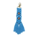 Handmade macrame keychain in lake blue with wooden beads and bohemian fringe detail - Light Blue