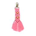 Handmade macrame boho keychain in bright pink cotton with wooden beads and bronze clasp - Pink