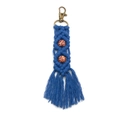 Handmade navy blue macrame keychain with vintage wooden beads and bohemian tassels - Dark Blue
