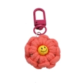 Pink hand-knitted flower keychain with a yellow smiley face bead and metal lobster clasp - 3.5*7cm / Watermelon red