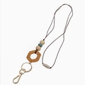Handmade lanyard with a hexagonal rattan pendant and colorful silicone beads - 52*2.5cm / Style C (Gray/Blue/Wood)