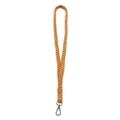 Handgefertigtes senfgelbes Schlüsselband aus Baumwolle mit silbernem Karabiner für Ausweise - Flachknoten-Stil / Braun