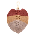 Handmade Macrame leaf keychain with brick red, yellow, and grey bohemian cotton tassels - Wine Red Khaki Lake Green