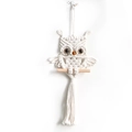 Handmade macrame owl wall hanging with white cotton ropes and wooden stick decor - 20*50cm / Beige