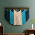 Arazzo bohémien fatto a mano con nappe di cotone blu e asta in legno per pareti - 120*85cm / Celeste