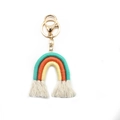 Porte-clés arc-en-ciel bohème fait main avec pompons en coton turquoise orange jaune - Taille Régulière / Cyan/Orange/Jaune (Style A)