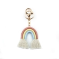 Portachiavi arcobaleno boho fatto a mano con frange bianche e tessitura rosa e gialla - Rosa/Giallo/Blu Chiaro (Stile A)