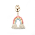 Portachiavi arcobaleno intrecciato rosa giallo e blu con nappe bianche e gancio oro - Rosa/Giallo/Celeste (Stile A)