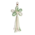 Handmade woven green flower keychain with bohemian tassels and white pearl charms - Light Green