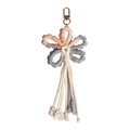 Handmade woven flower keychain with pink orange tassels and elegant white pearls - Khaki Grey