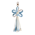 Portachiavi a fiore intrecciato azzurro con nappe lunghe e dettagli in perle - Azzurro/Bianco