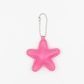 Detail of a bright pink star PU leather keychain with silver bead chain and stitching - Rose Red