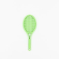 Miniature green plastic tennis racket keychain accessory with mesh head on white background - Green
