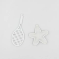 Close-up of white mini tennis racket and stitched star keychain pendant detail - White