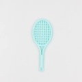 Detailed close-up of mint green plastic badminton racket keychain with anti-slip handle grip - Blue