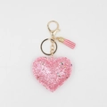 Pink heart glitter keychain with colorful star sequins and matching fringe tassel pendant - Pink Sequin