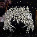 Luxury silver floral leaf headband with hand-woven pearls and marquise rhinestones - Silver