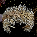 Detail of luxury gold metal leaf headband with handmade pearls and sparkling crystals - Gold
