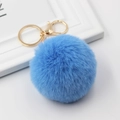 Fluffy bright blue faux rabbit fur pom pom keychain with gold lobster clasp and ring - Blue