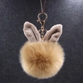 Détail d'un porte-clés pompon en peluche de 10cm avec oreilles de lapin et fermoir doré - Khaki