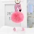 Detail of pink flamingo pompom keychain with sequin wings and gold metal clasp - 18*8cm / Watermelon red