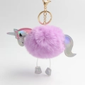 Detailed close-up of a purple faux fur unicorn keychain with iridescent leather features - Violet