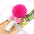 Fuchsia faux fur pompom keychain with pink leather bow and white tassel pendant - Pink Bow White Tassel