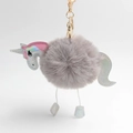 Detail of unicorn plush keychain featuring grey faux fur ball and iridescent silver accents - Light Gray