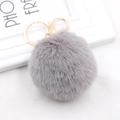 Detailed close-up of fluffy gray faux rabbit fur pompom with golden metal clasp - Light Gray