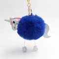 Detail of blue plush unicorn keychain with iridescent leather parts and gold metal ring - Sapphire Blue