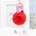 Pink flamingo faux fur pompom keychain with sequin accents and golden metal ring - 18*8cm / Red