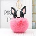 Dettaglio portachiavi pompon di pelliccia rosa con ciondolo cane per borsa e accessori - rosa scuro