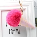 Detail of rose red faux fur pompom ice cream keychain with pink quilted leather cone - Rose Red
